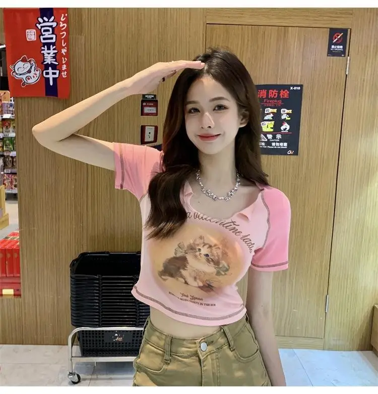 Women Cotton Retro Cat T-Shirt Pink 2026 Summer — feature 28