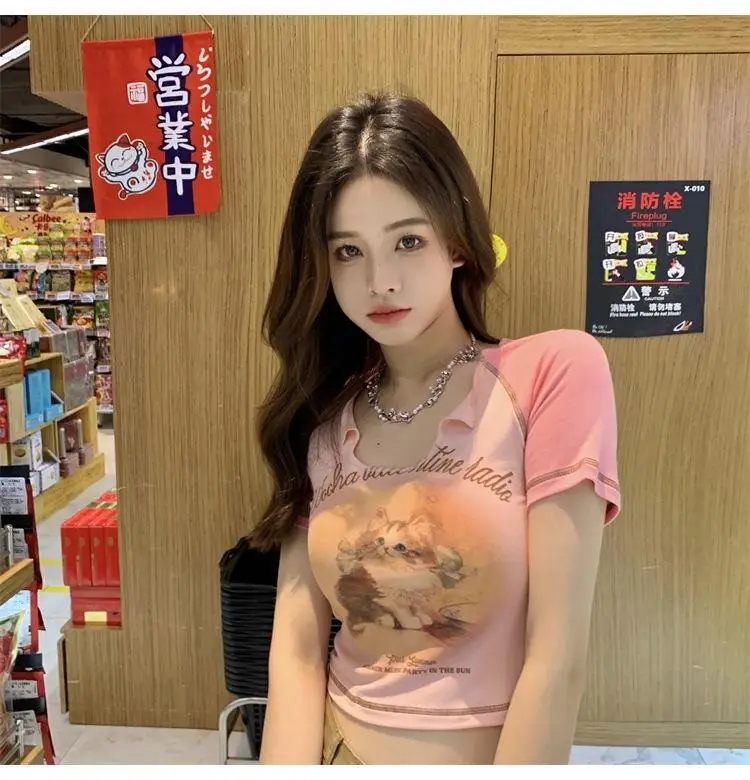 Women Cotton Retro Cat T-Shirt Pink 2026 Summer — feature 31