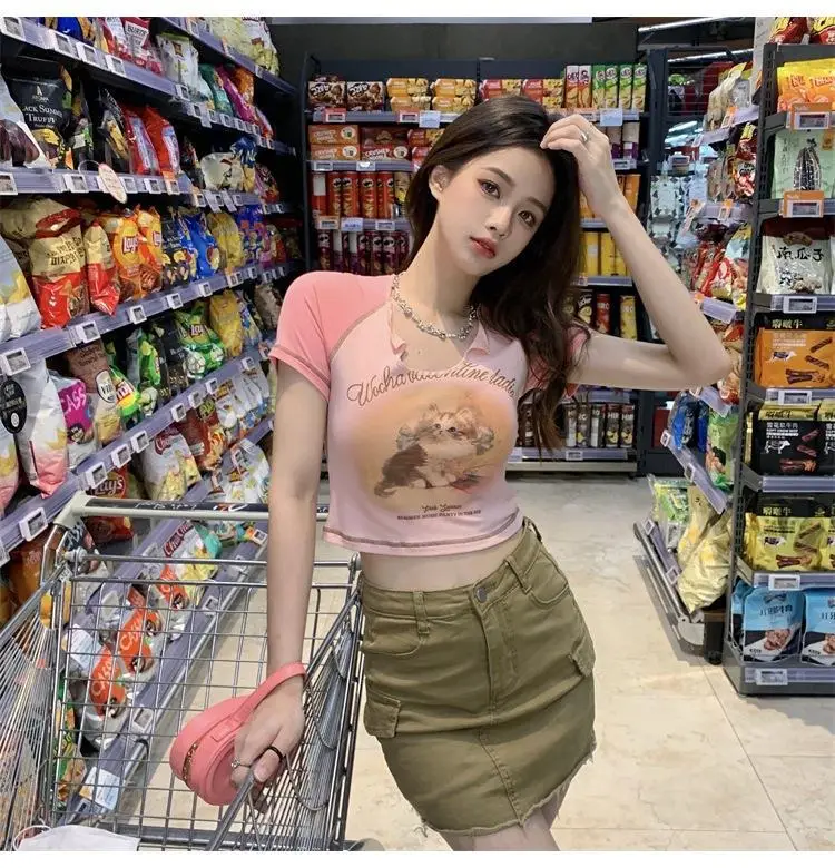 Women Cotton Retro Cat T-Shirt Pink 2026 Summer — feature 34