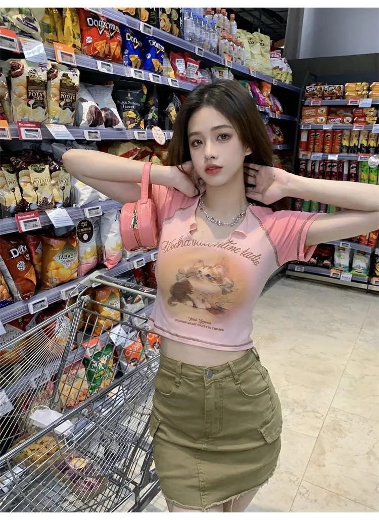Women Cotton Retro Cat T-Shirt Pink 2026 Summer — feature 37