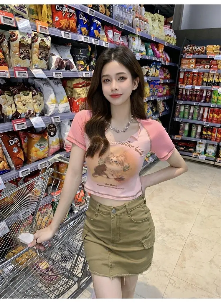 Women Cotton Retro Cat T-Shirt Pink 2026 Summer — feature 38
