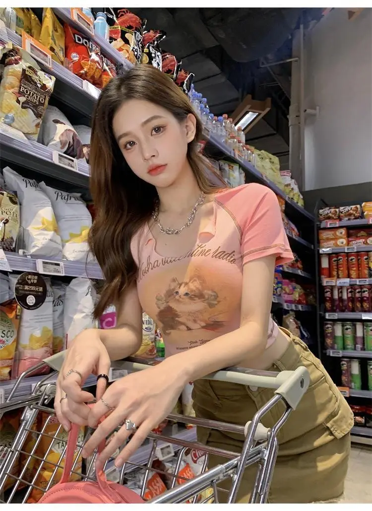 Women Cotton Retro Cat T-Shirt Pink 2026 Summer — feature 39
