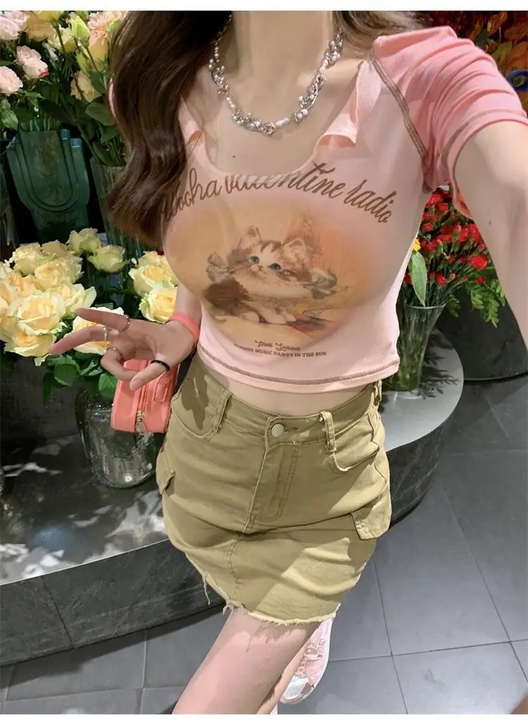 Women Cotton Retro Cat T-Shirt Pink 2026 Summer — feature 41