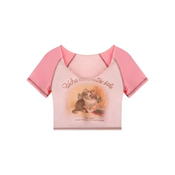 Women Cotton Retro Cat T-Shirt Pink 2026 Summer - Image 2