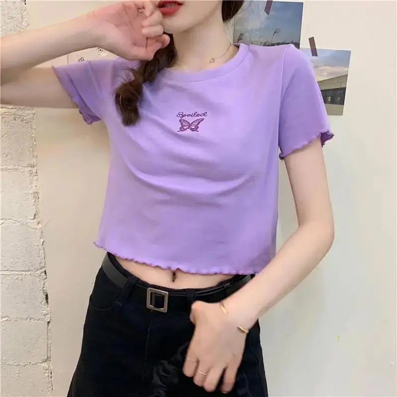 Women Pink Butterfly Cropped T-Shirt High Waist Slim Fit - Image 5