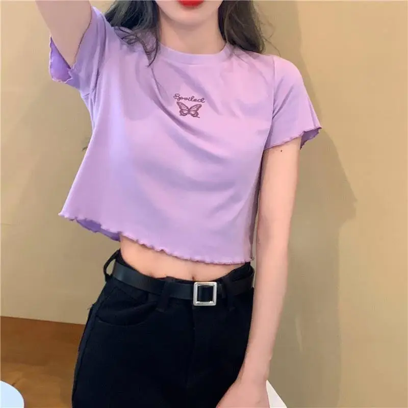 Women Pink Butterfly Cropped T-Shirt High Waist Slim Fit - Image 6