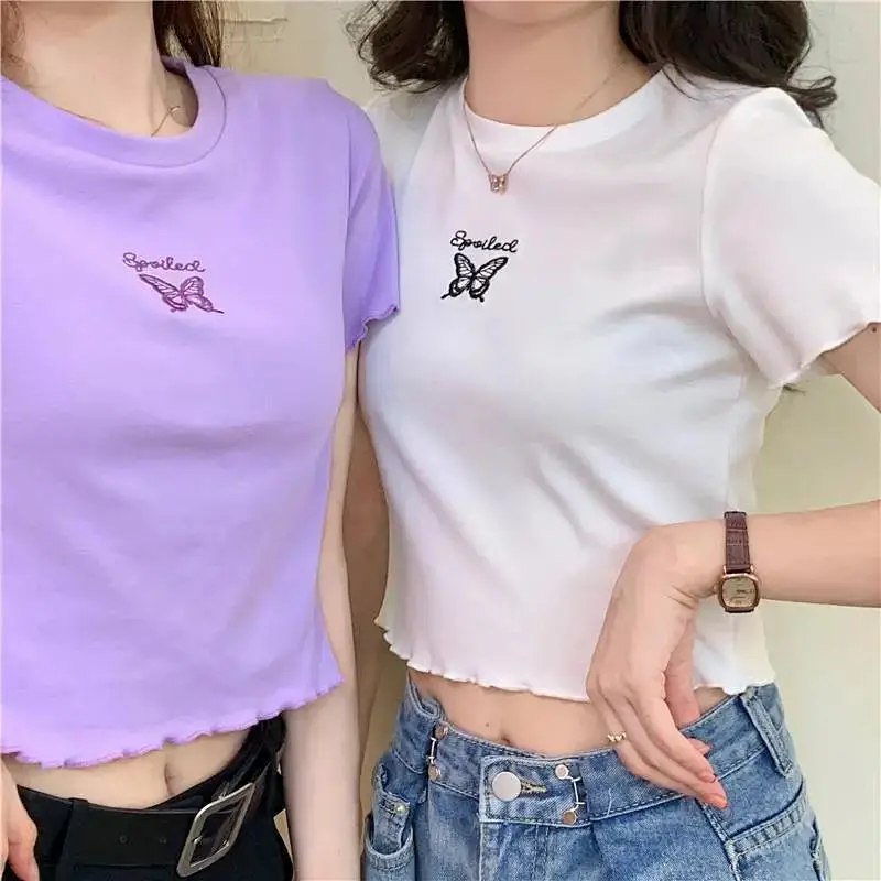 Women Pink Butterfly Cropped T-Shirt High Waist Slim Fit - Image 8