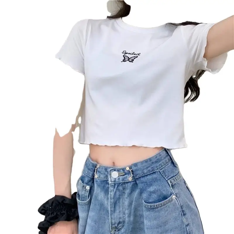 Women Pink Butterfly Cropped T-Shirt High Waist Slim Fit - Image 9
