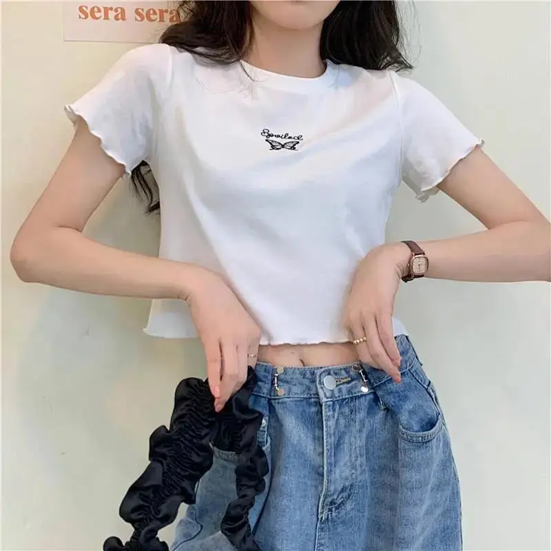 Women Pink Butterfly Cropped T-Shirt High Waist Slim Fit — feature 13