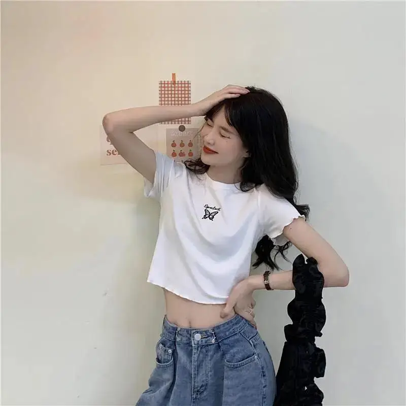 Women Pink Butterfly Cropped T-Shirt High Waist Slim Fit — feature 17