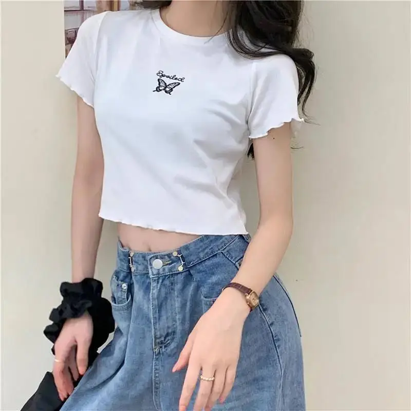 Women Pink Butterfly Cropped T-Shirt High Waist Slim Fit — feature 18