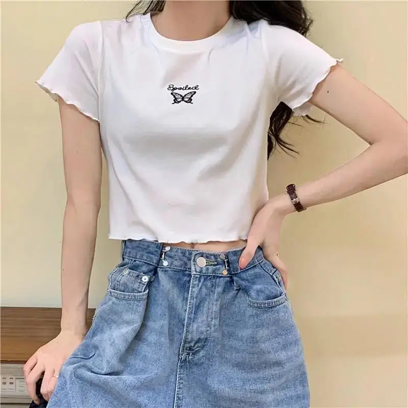 Women Pink Butterfly Cropped T-Shirt High Waist Slim Fit — feature 20