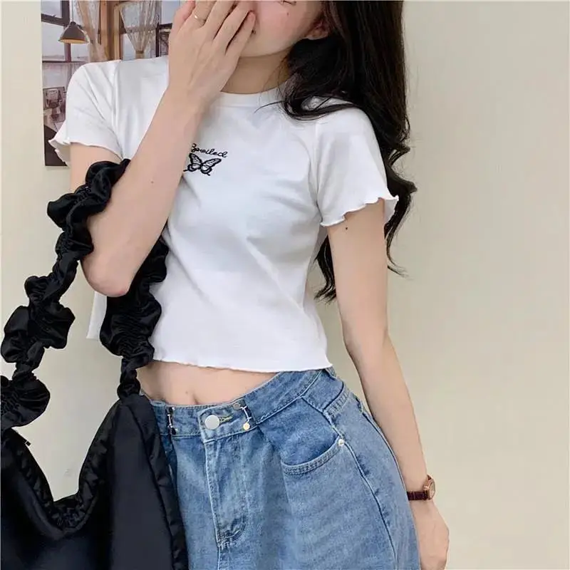 Women Pink Butterfly Cropped T-Shirt High Waist Slim Fit — feature 21