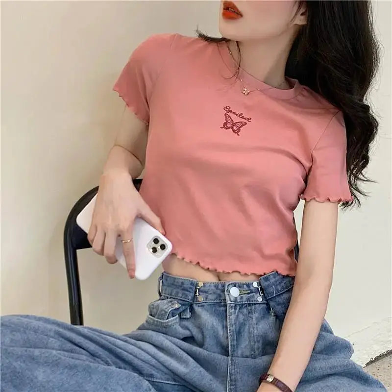 Women Pink Butterfly Cropped T-Shirt High Waist Slim Fit — feature 25