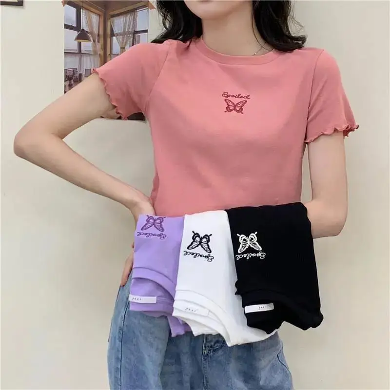 Women Pink Butterfly Cropped T-Shirt High Waist Slim Fit — feature 26