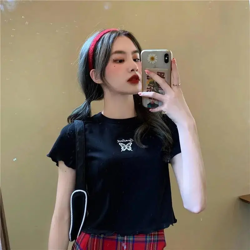 Women Pink Butterfly Cropped T-Shirt High Waist Slim Fit — feature 31