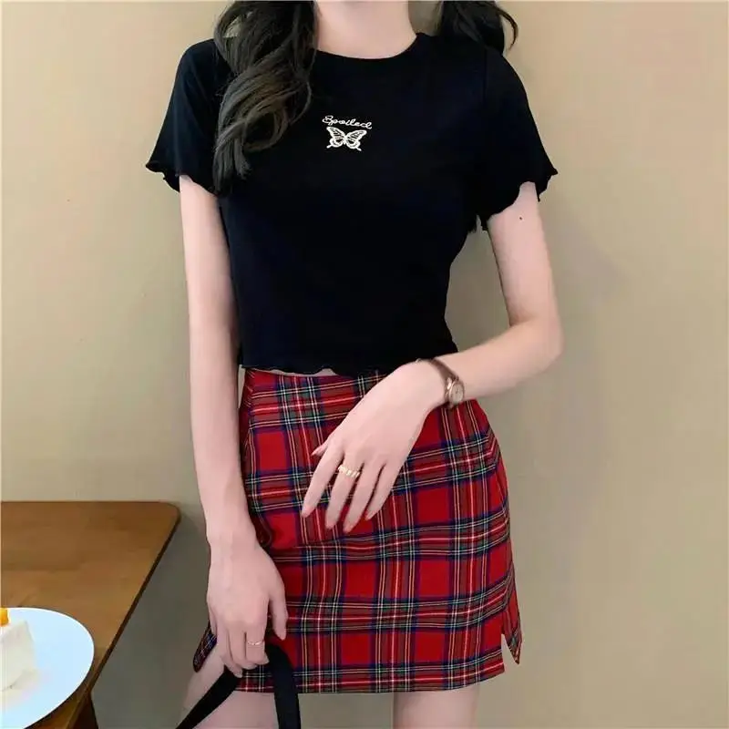 Women Pink Butterfly Cropped T-Shirt High Waist Slim Fit — feature 32