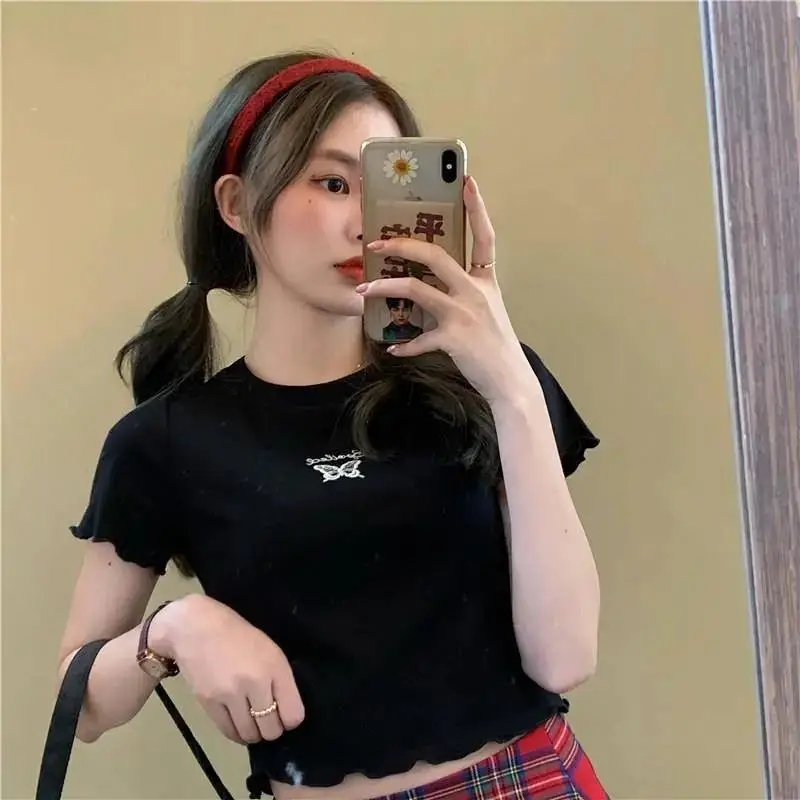 Women Pink Butterfly Cropped T-Shirt High Waist Slim Fit — feature 33