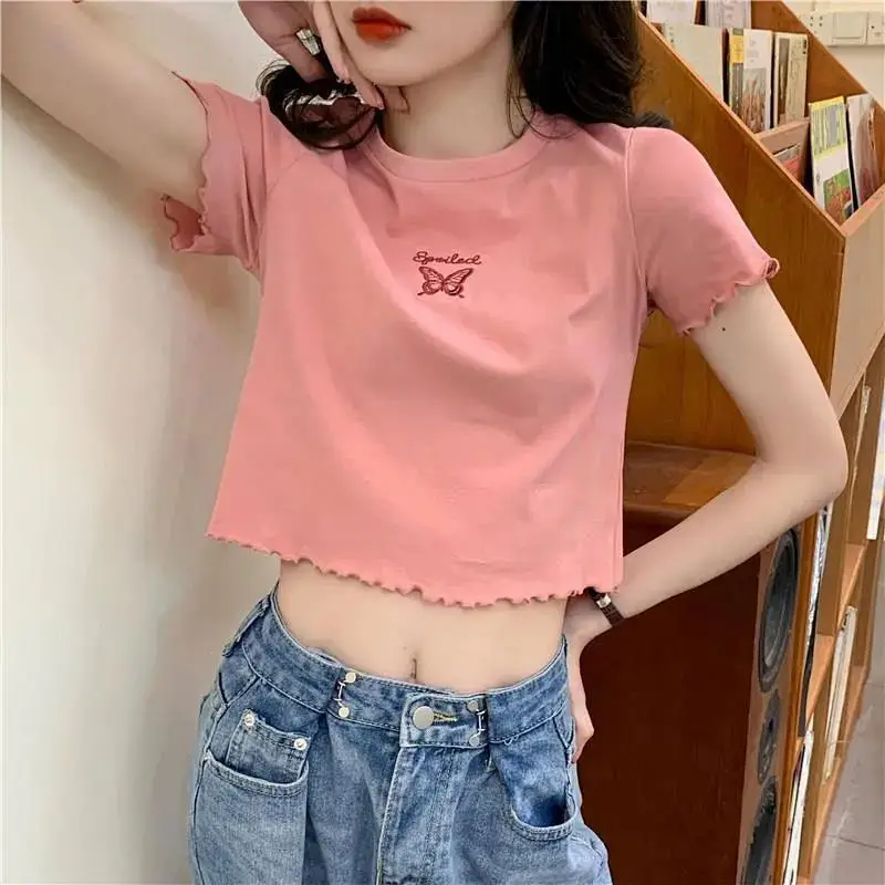 Women Pink Butterfly Cropped T-Shirt High Waist Slim Fit - Image 2
