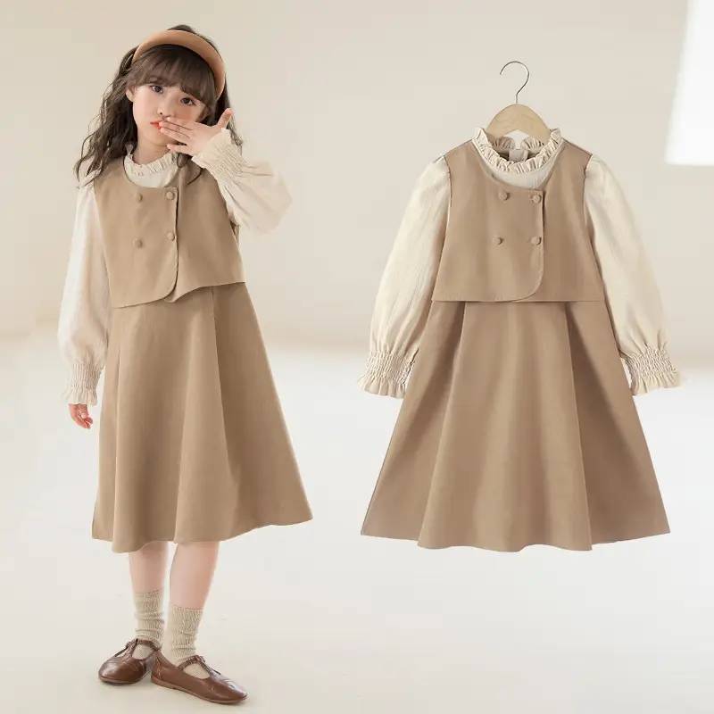 Girls' Fake Two-Piece Dress Set Beige Winter Casual