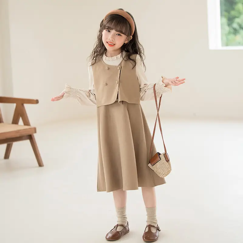 Girls' Fake Two-Piece Dress Set Beige Winter Casual