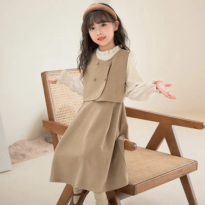 Girls' Fake Two-Piece Dress Set Beige Winter Casual