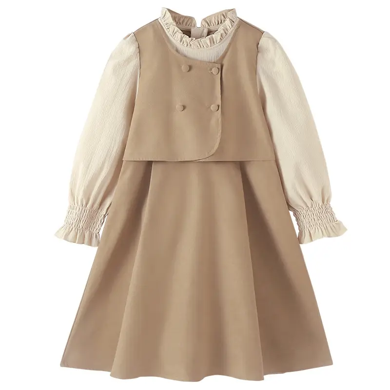 Girls' Fake Two-Piece Dress Set Beige Winter Casual