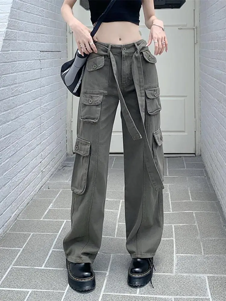2022 Women's Black Cargo Pants Loose Straight Leg Cool Streetwear - Image 8