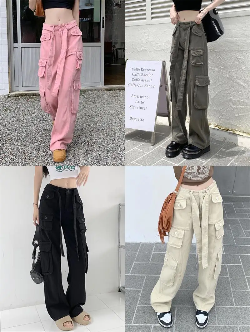 2022 Women's Black Cargo Pants Loose Straight Leg Cool Streetwear — feature 33