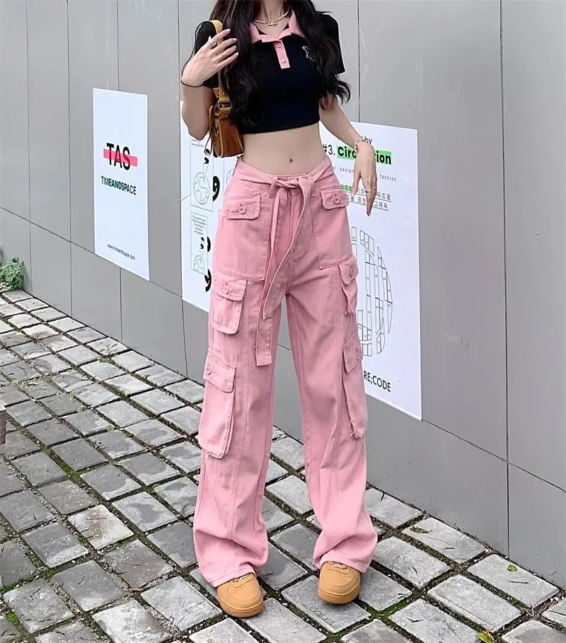 2022 Women's Black Cargo Pants Loose Straight Leg Cool Streetwear — feature 34