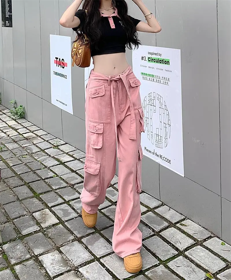 2022 Women's Black Cargo Pants Loose Straight Leg Cool Streetwear — feature 35