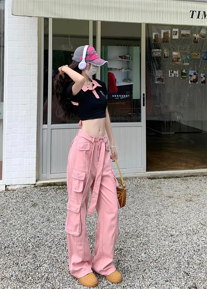 2022 Women's Black Cargo Pants Loose Straight Leg Cool Streetwear — feature 36