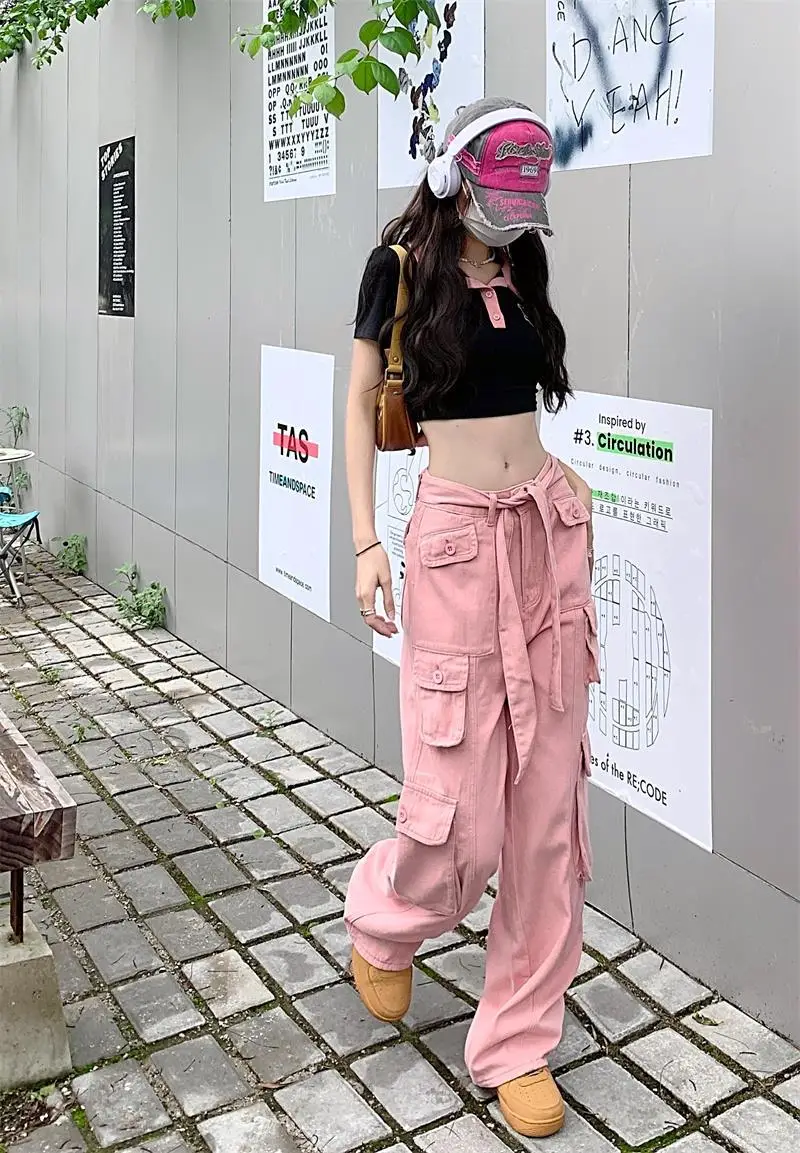 2022 Women's Black Cargo Pants Loose Straight Leg Cool Streetwear — feature 37