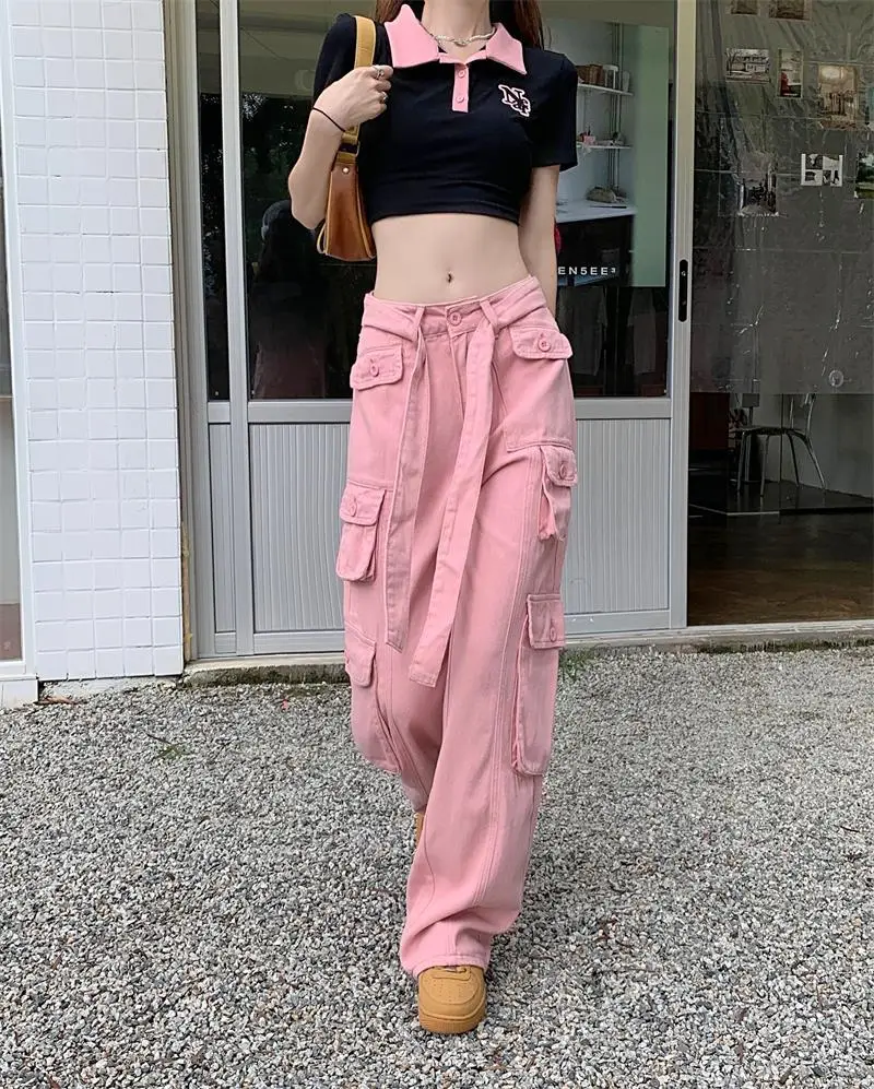 2022 Women's Black Cargo Pants Loose Straight Leg Cool Streetwear — feature 38