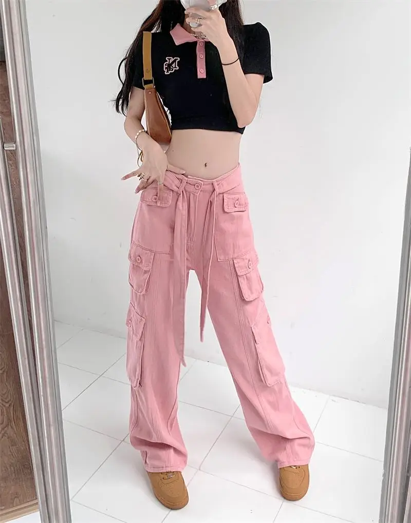 2022 Women's Black Cargo Pants Loose Straight Leg Cool Streetwear — feature 39
