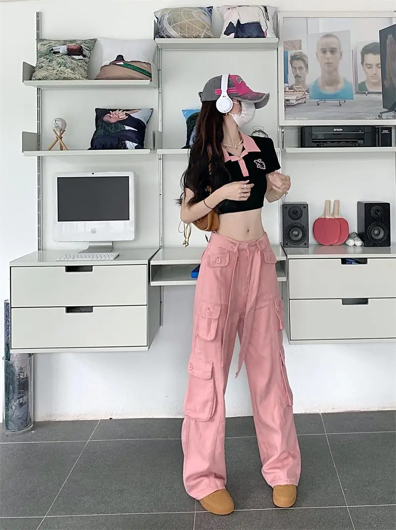 2022 Women's Black Cargo Pants Loose Straight Leg Cool Streetwear — feature 40