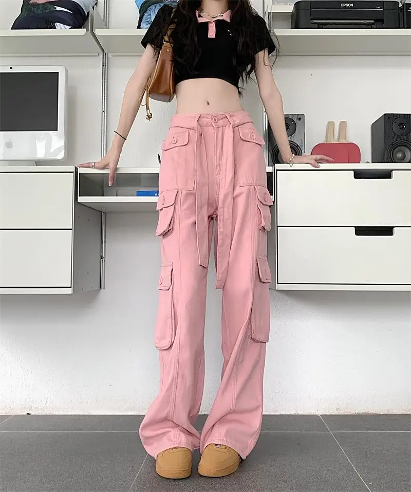 2022 Women's Black Cargo Pants Loose Straight Leg Cool Streetwear — feature 41