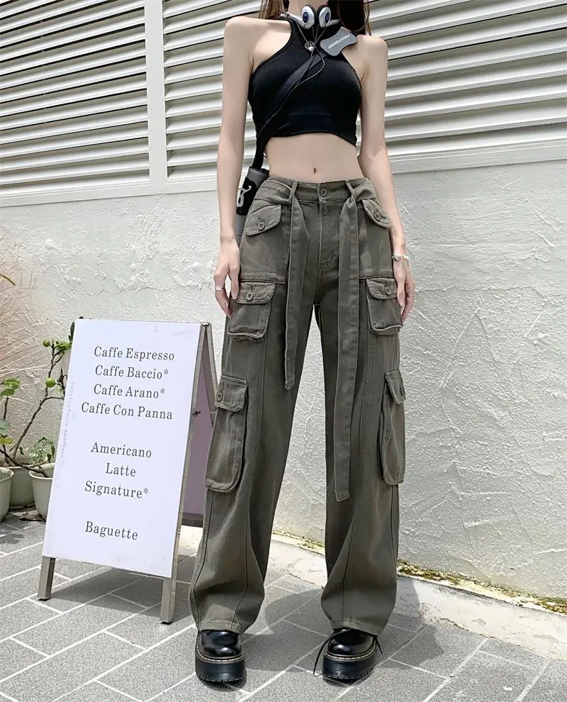 2022 Women's Black Cargo Pants Loose Straight Leg Cool Streetwear — feature 42