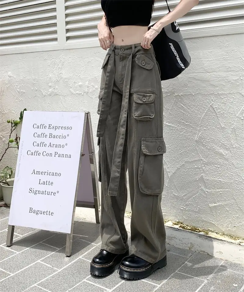 2022 Women's Black Cargo Pants Loose Straight Leg Cool Streetwear — feature 43