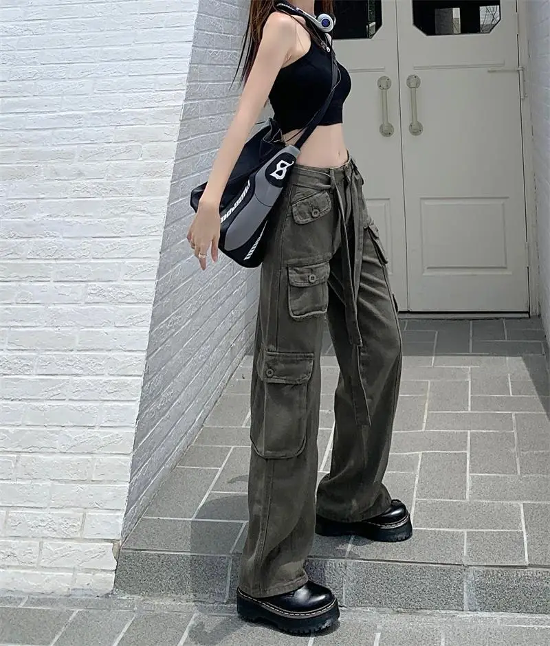 2022 Women's Black Cargo Pants Loose Straight Leg Cool Streetwear — feature 44