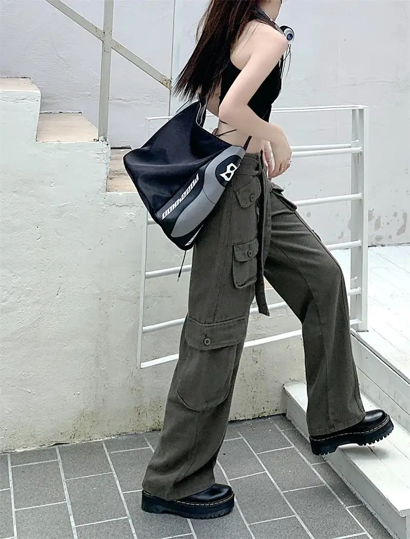2022 Women's Black Cargo Pants Loose Straight Leg Cool Streetwear — feature 45