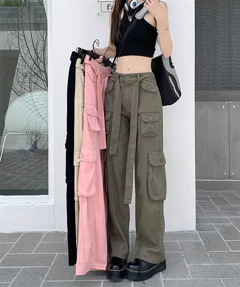 2022 Women's Black Cargo Pants Loose Straight Leg Cool Streetwear — feature 46