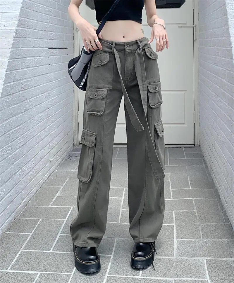 2022 Women's Black Cargo Pants Loose Straight Leg Cool Streetwear — feature 47