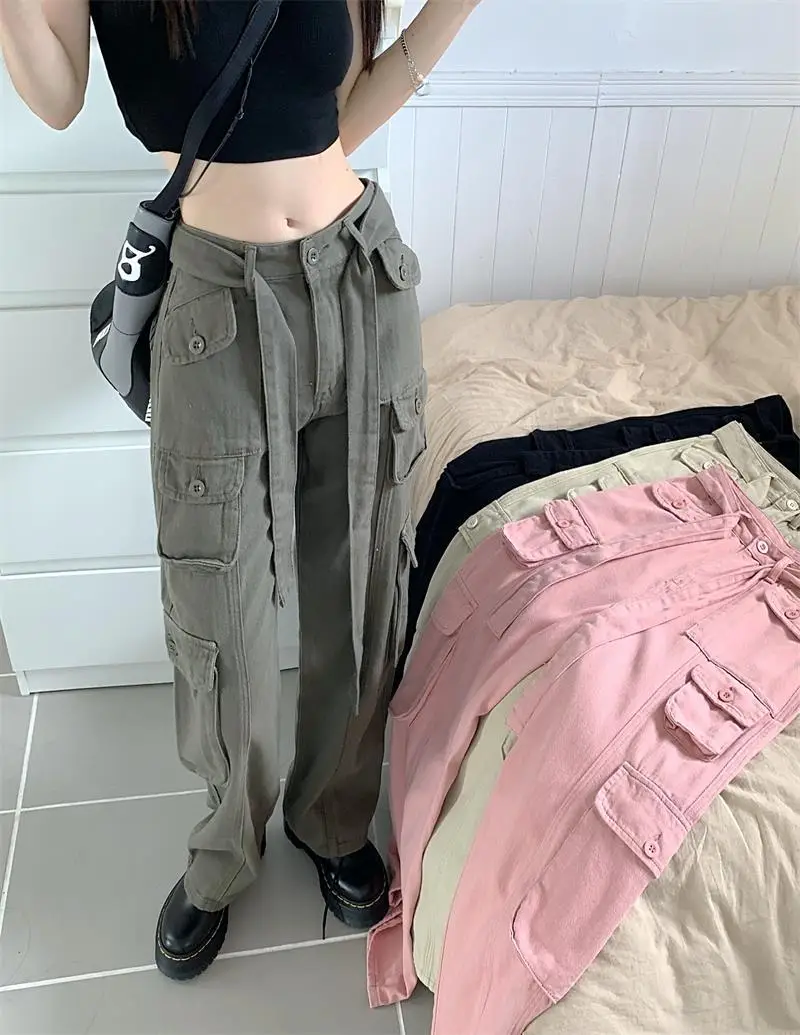 2022 Women's Black Cargo Pants Loose Straight Leg Cool Streetwear — feature 48