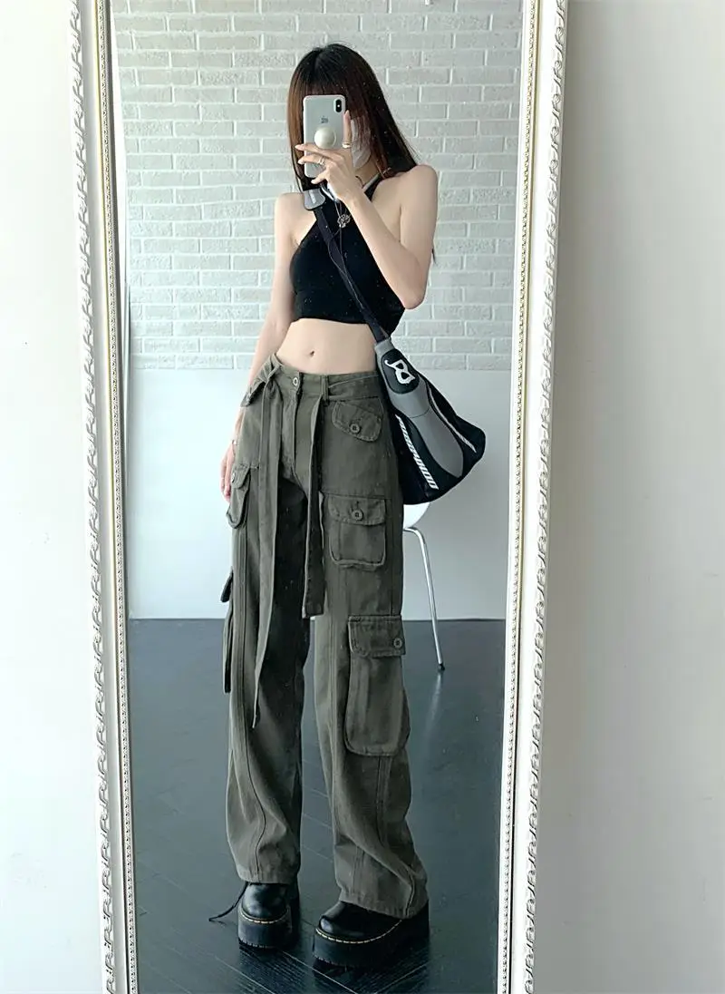 2022 Women's Black Cargo Pants Loose Straight Leg Cool Streetwear — feature 49