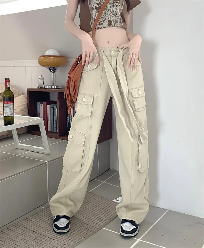 2022 Women's Black Cargo Pants Loose Straight Leg Cool Streetwear — feature 51