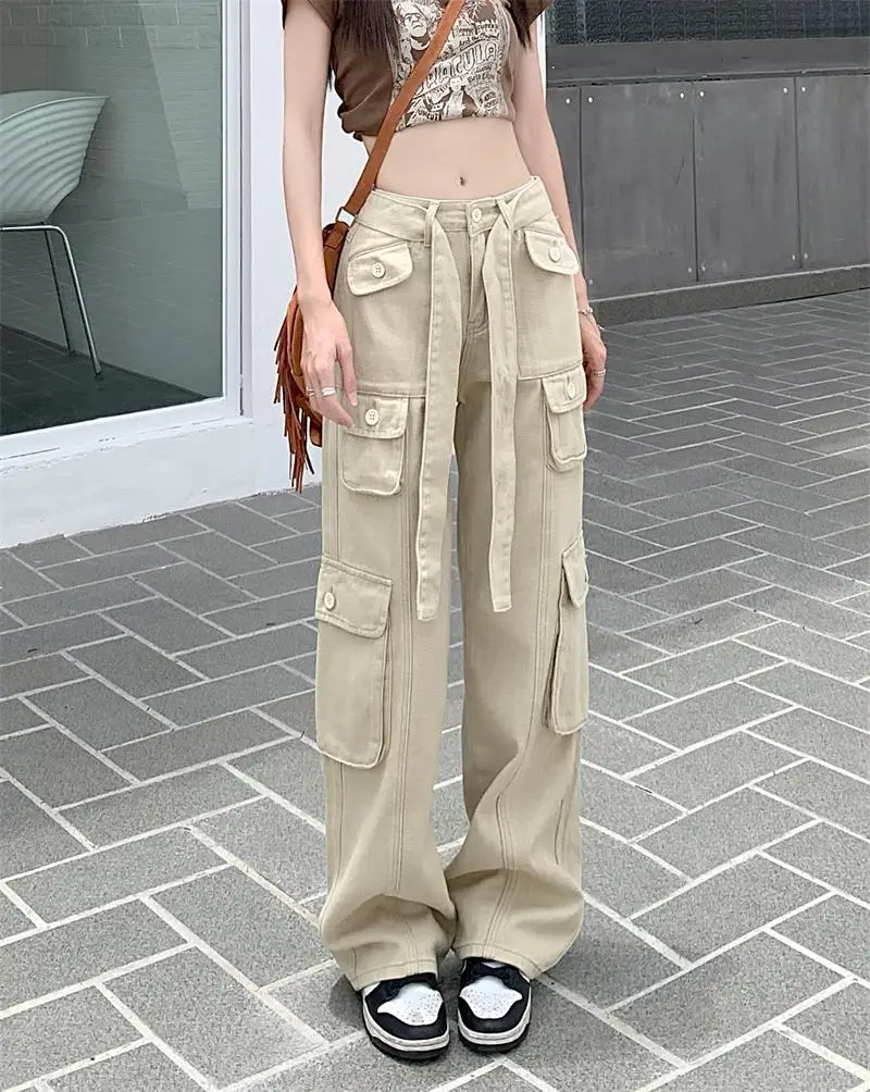 2022 Women's Black Cargo Pants Loose Straight Leg Cool Streetwear — feature 52