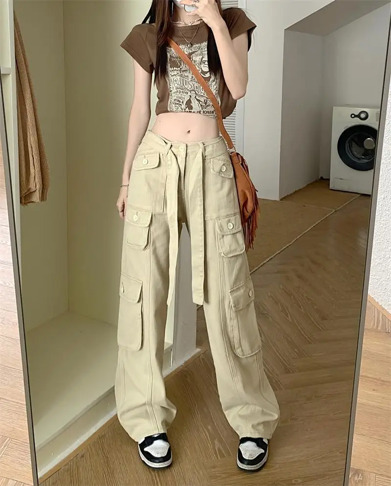 2022 Women's Black Cargo Pants Loose Straight Leg Cool Streetwear — feature 53