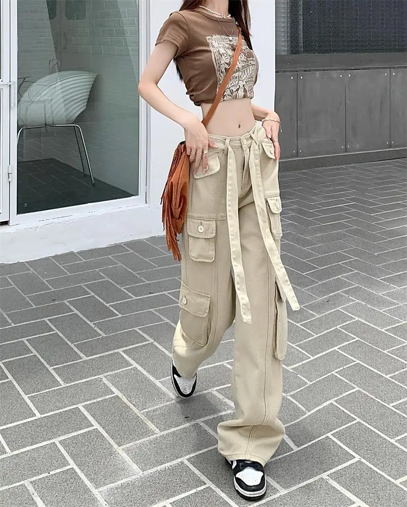 2022 Women's Black Cargo Pants Loose Straight Leg Cool Streetwear — feature 54