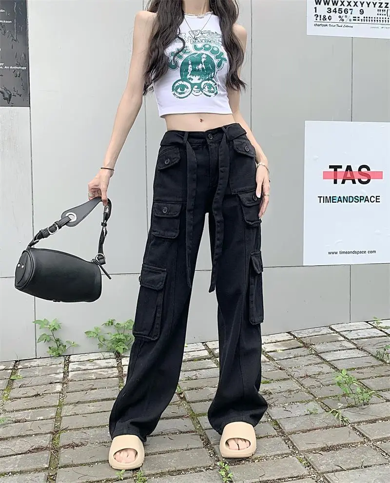 2022 Women's Black Cargo Pants Loose Straight Leg Cool Streetwear — feature 55